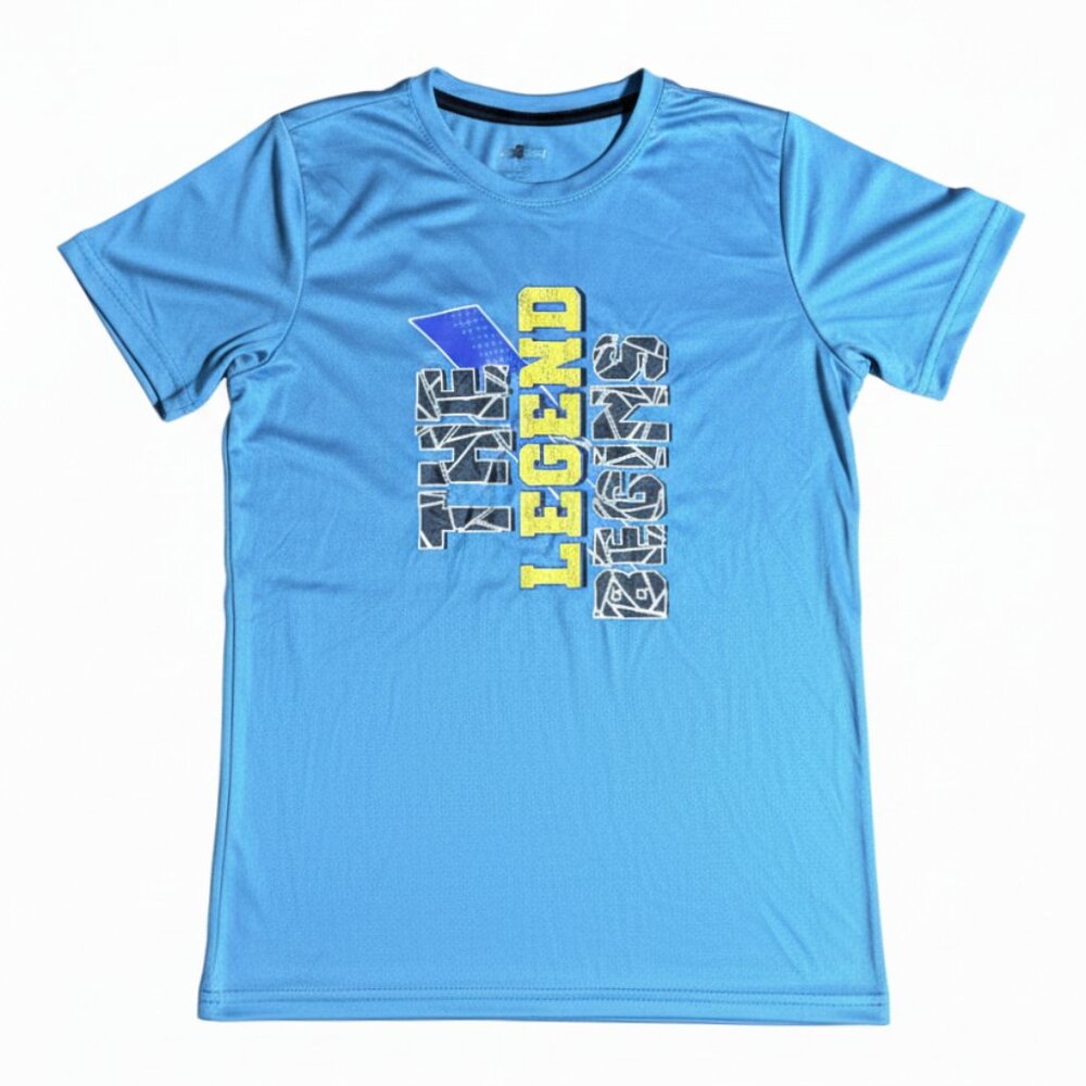 BCG Boy's Performance Graphic T Shirt Short Sleeve Crew Neck Blue Large NEW